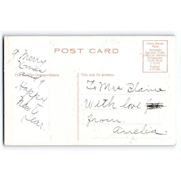 Vintage Embossed Santa Claus Christmas Postcard Holly Wreath Pipe Candy Cane - Picture 2 of 2